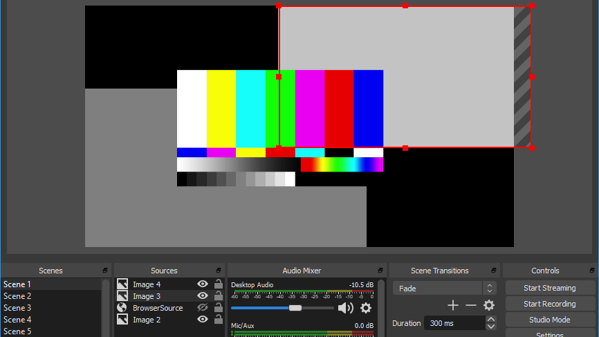 Screenshot of OBS software with test card visible